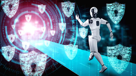 AI robot using cyber security to protect information privacy . Futuristic concept of cybercrime prevention by artificial intelligence and machine learning process . 3D rendering illustration .の写真素材