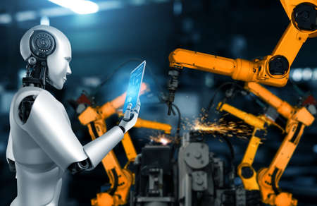 Mechanized industry robot and robotic arms for assembly in factory productionの写真素材