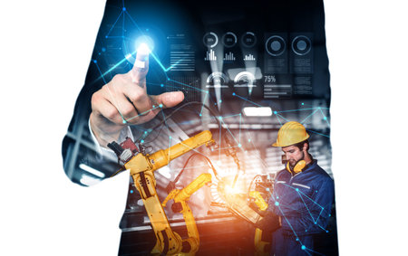 Mechanized industry robot arm and factory worker double exposure
