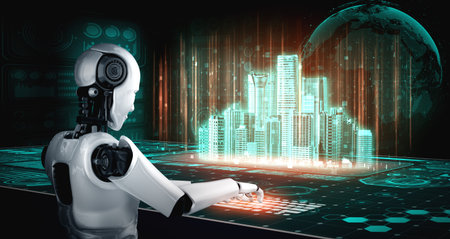 Robot humanoid use laptop and sit at table for global network connection