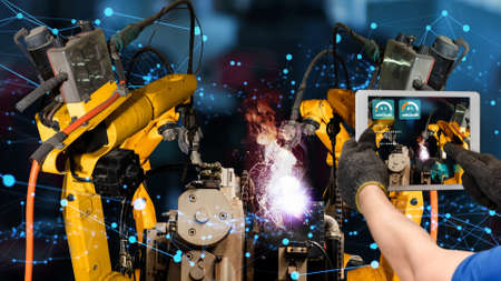 Smart industry robot arms modernization for innovative factory technologyの写真素材
