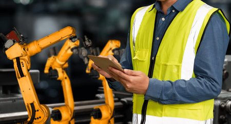 Engineer use advanced robotic software to control industry robot arm in factory . Automation manufacturing process controlled by specialist using IOT software connected to internet network .の写真素材