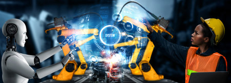 Mechanized industry robot and human worker working together in future factory . Concept of artificial intelligence for industrial revolution and automation manufacturing process .の写真素材