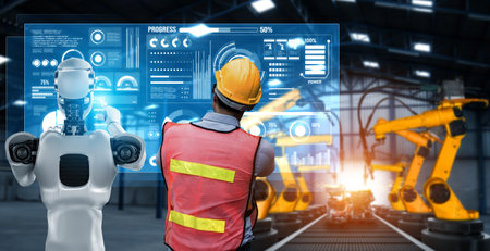 Mechanized industry robot and human worker working together in future factory . Concept of...