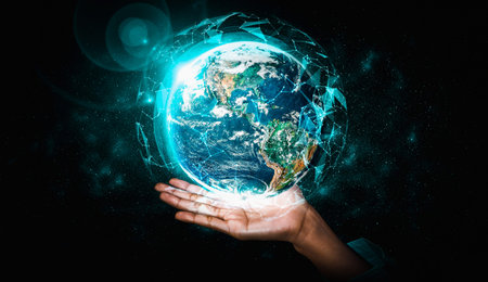Global network connection covering earth with link of innovative perception . Concept of...