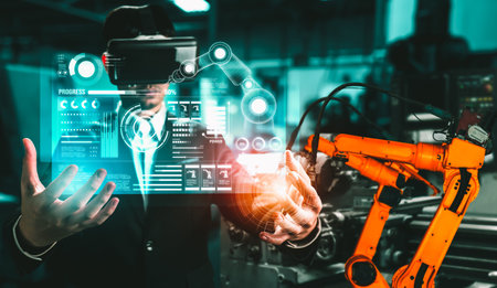 Advanced robot arm system for digital industry and factory robotic technology . Automation...