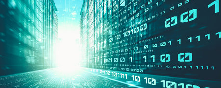 Digital data flow on road with motion blur to create vision of fast speed transfer . Concept of...