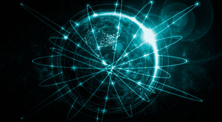 Global network connection covering the earth with lines of innovative perception . Concept of 5G wireless digital connection and future in the internet of things . 3D illustration .の写真素材