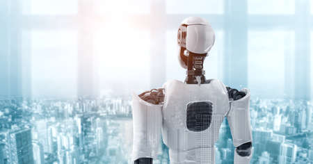 3D illustration robot humanoid looking forward against cityscape skyline . Concept of leadership, idea and vision for futuristic development of artificial intelligence AI .の写真素材
