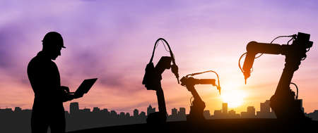 Mechanized industry of future factory double exposure image . Concept of robotics technology for industrial revolution and automated manufacturing process .の写真素材