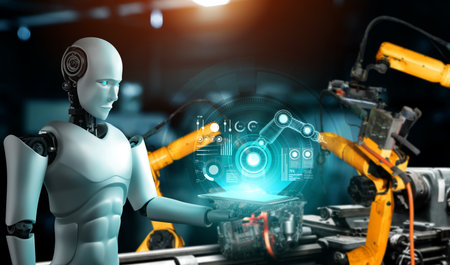 Mechanized industry robot and robotic arms for assembly in factory production . Concept of artificial intelligence for industrial revolution and automation manufacturing process .の写真素材