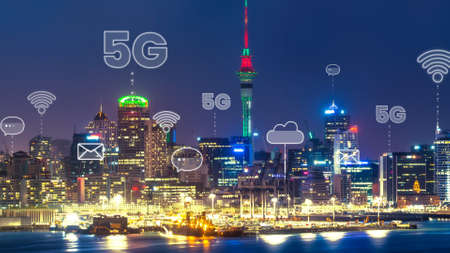 Smart digital city with globalization abstract graphic showing connection network . Concept of future 5G smart wireless digital city and social media networking systems .の写真素材