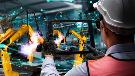 Smart industry robot arms modernization for innovative factory technology . Concept of automation manufacturing process of Industry 4.0 or 4th industrial revolution and IOT software control operation.の写真素材