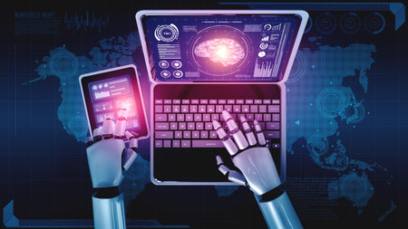 Robot humanoid use laptop and sit at table in concept of AI thinking brain , artificial intelligence...