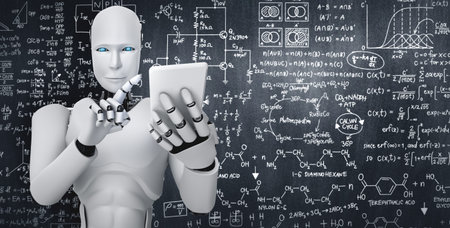 Robot humanoid use mobile phone or tablet for engineering science studying using AI thinking brain ,...