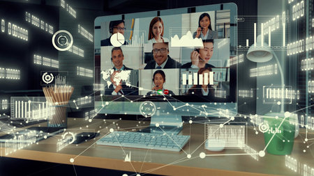 Creative visual of business people in a corporate staff meeting on video call . Concept of digital...