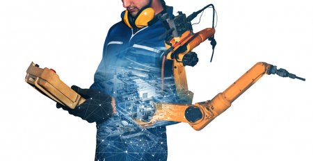 Mechanized industry robot arm and factory worker double exposure . Concept of robotics technology...