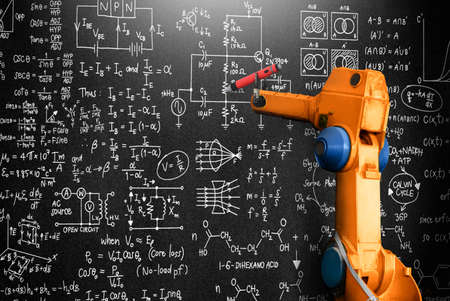 Robot arm AI analyzing mathematics for mechanized industry problem solving . Concept of robotics technology and machine learning for automated manufacturing process .の写真素材