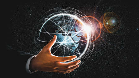 Global network connection covering earth with link of innovative perception . Concept of international trading and digital investment, 5G global wireless connection and future of internet of things .の写真素材