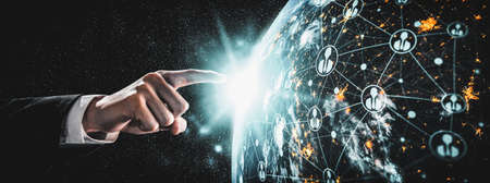 Global network connection covering earth with link of innovative perception . Concept of international trading and digital investment, 5G global wireless connection and future of internet of things .の写真素材