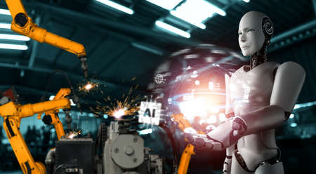 Mechanized industry robot and robotic arms for assembly in factory production . Concept of artificial intelligence for industrial revolution and automation manufacturing process .の写真素材