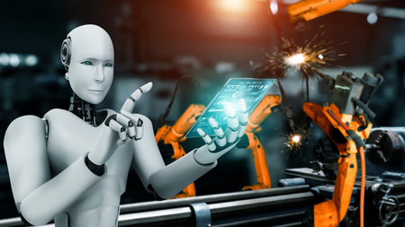 Mechanized industry robot and robotic arms for assembly in factory production . Concept of...