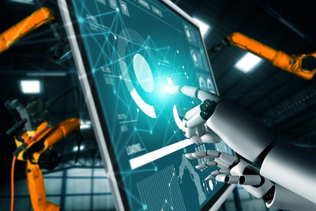 Mechanized industry robot and robotic arms for assembly in factory production . Concept of artificial intelligence for industrial revolution and automation manufacturing process .の写真素材