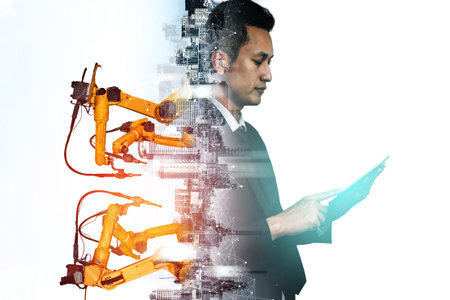 Mechanized industry robot arm and factory worker double exposure . Concept of robotics technology...