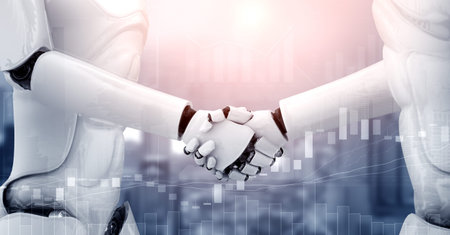 3D rendering humanoid robot handshake to collaborate future technology development by AI thinking brain, artificial intelligence and machine learning process for 4th industrial revolution.の写真素材