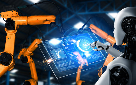 Mechanized industry robot and robotic arms for assembly in factory production . Concept of...