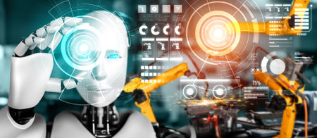 Mechanized industry robot and robotic arms for assembly in factory production . Concept of artificial intelligence for industrial revolution and automation manufacturing process .の写真素材