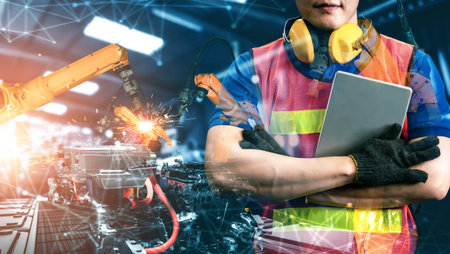Mechanized industry robot arm and factory worker double exposure . Concept of robotics technology...