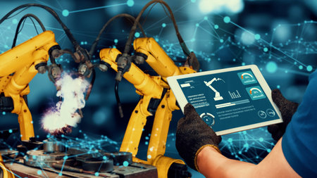 Smart industry robot arms modernization for innovative factory technology . Concept of automation...