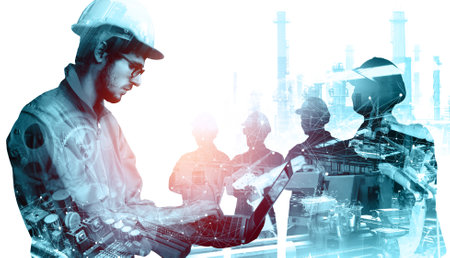 Mechanized industry of future factory double exposure image . Concept of robotics technology for industrial revolution and automated manufacturing process .の写真素材