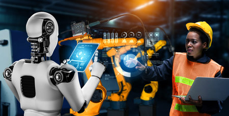 Mechanized industry robot and human worker working together in future factory . Concept of...