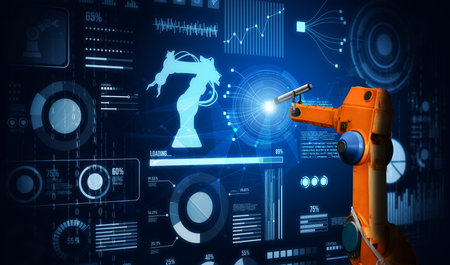 Robot arm AI analyzing mathematics for mechanized industry problem solving . Concept of robotics...