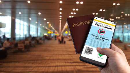 Traveler holds vaccine passport certificate to show COVID 19 vaccination status . The digital health certificate is required for international travel during coronavirus pandemic .の写真素材