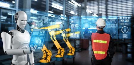 Mechanized industry robot and human worker working together in future factory . Concept of...