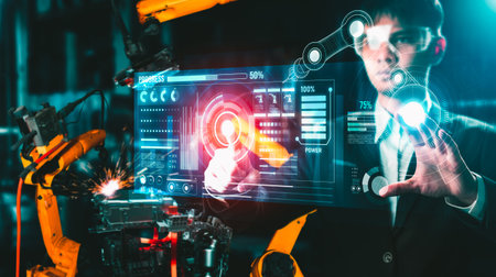 Advanced robot arm system for digital industry and factory robotic technology . Automation...