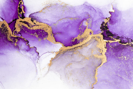 Purple gold abstract background of marble liquid ink art painting on paper . Image of original...