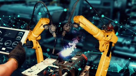 Smart industry robot arms modernization for innovative factory technology . Concept of automation...