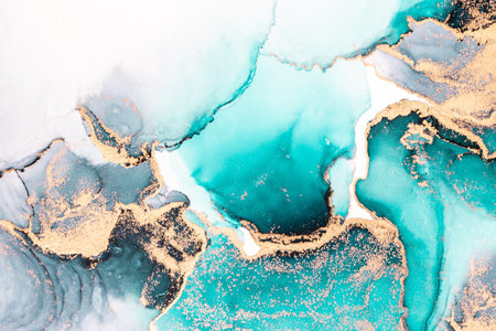 Ocean blue abstract background of marble liquid ink art painting on paper . Image of original artwork watercolor alcohol ink paint on high quality paper texture .の写真素材