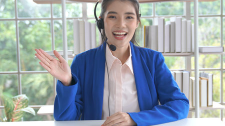 Video call camera view of businesswoman talks actively in videoconference . Call center,...