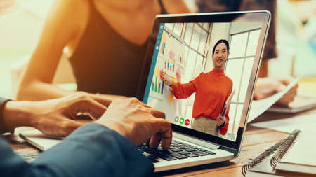 E-learning and Online Business Presentation Meeting Concept. Digital training course for people to do remote learning from anywhere.の写真素材