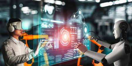 Mechanized industry robot and human worker working together in future factory . Concept of...