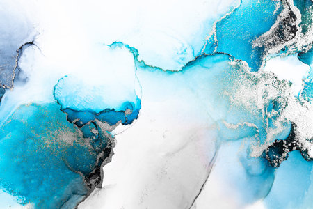 Blue silver abstract background of marble liquid ink art painting on paper . Image of original...