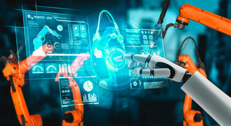 Mechanized industry robot and robotic arms for assembly in factory production . Concept of...