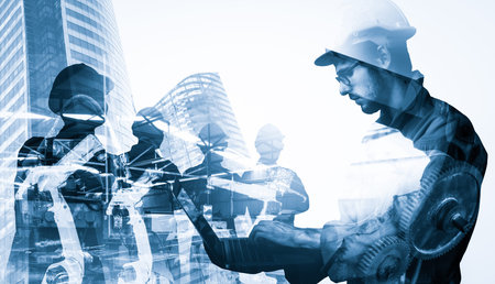 Mechanized industry of future factory double exposure image . Concept of robotics technology for...
