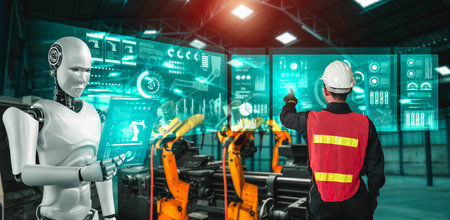 Mechanized industry robot and human worker working together in future factory . Concept of artificial intelligence for industrial revolution and automation manufacturing process .の写真素材