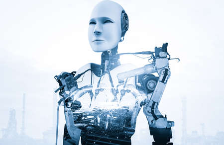 Mechanized industry robot and robotic arms double exposure image . Concept of artificial intelligence for industrial revolution and automation manufacturing process in future factory .の写真素材